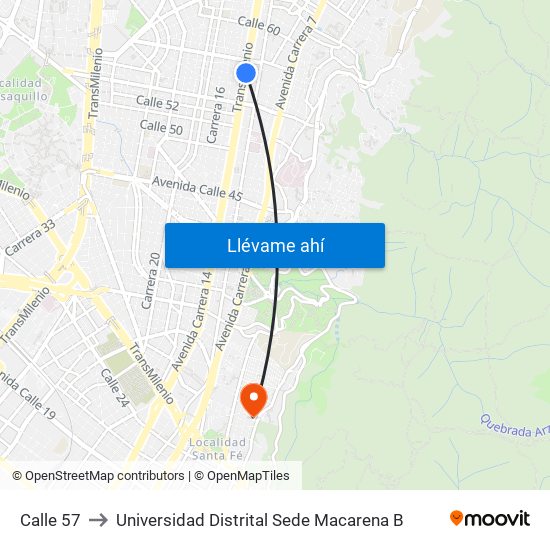 Calle 57 to Universidad Distrital Sede Macarena B map