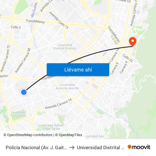 Policía Nacional (Av. J. Gaitán C. - Cl 47a Sur) (A) to Universidad Distrital Sede Macarena B map