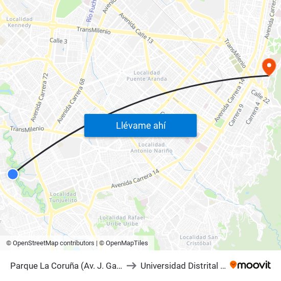 Parque La Coruña (Av. J. Gaitán C. - Cl 58a Sur) (A) to Universidad Distrital Sede Macarena B map