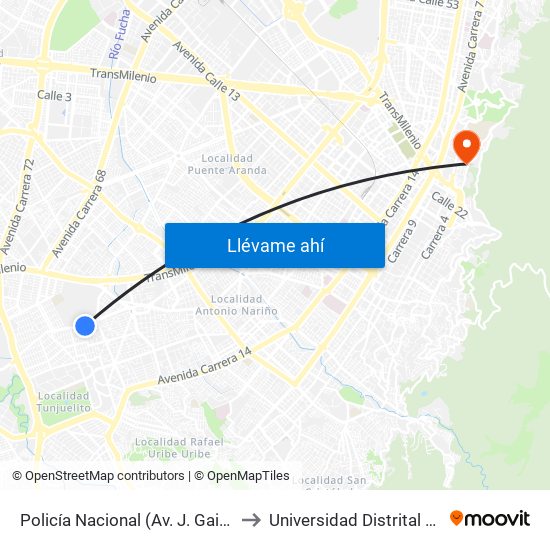 Policía Nacional (Av. J. Gaitán C. - Cl 47 Sur) (A) to Universidad Distrital Sede Macarena B map