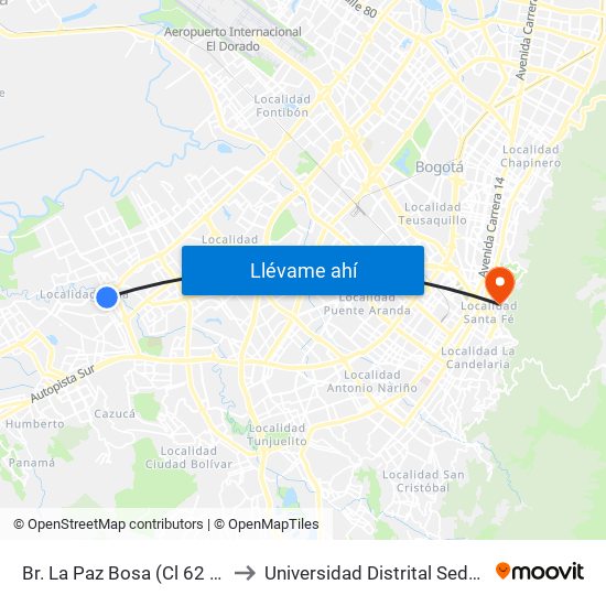 Br. La Paz Bosa (Cl 62 Sur - Kr 82c) to Universidad Distrital Sede Macarena B map
