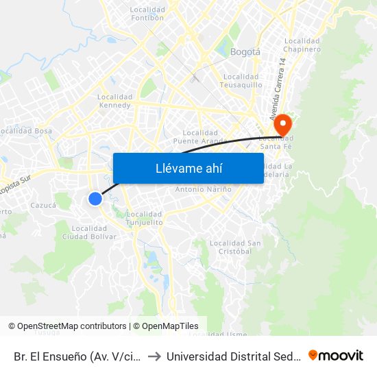 Br. El Ensueño (Av. V/cio - Tv 63) (A) to Universidad Distrital Sede Macarena B map