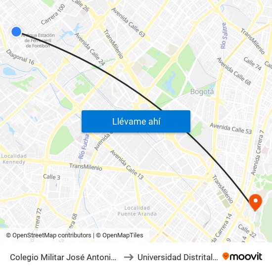 Colegio Militar José Antonio Galán (Cl 17 - Kr 103b) to Universidad Distrital Sede Macarena B map