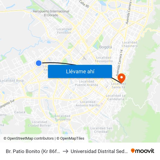 Br. Patio Bonito (Kr 86f - Cl 35b Sur) to Universidad Distrital Sede Macarena B map