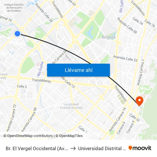 Br. El Vergel Occidental (Av. C. De Cali - Cl 15a) (A) to Universidad Distrital Sede Macarena B map