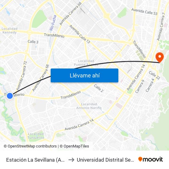 Estación La Sevillana (Auto Sur - Kr 60) to Universidad Distrital Sede Macarena B map