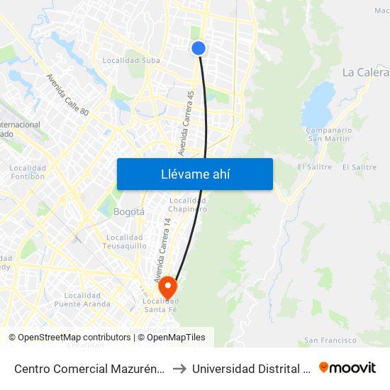 Centro Comercial Mazurén (Cl 152 - Auto Norte) to Universidad Distrital Sede Macarena B map