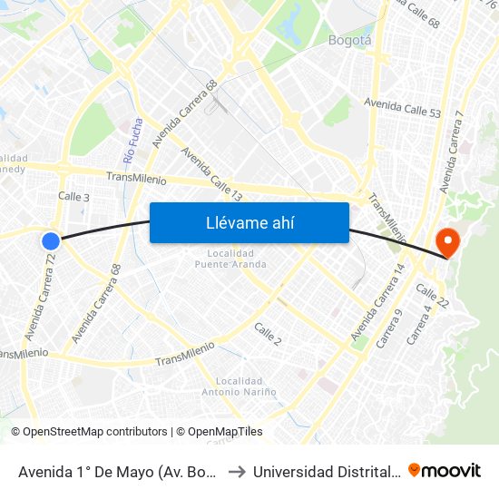 Avenida 1° De Mayo (Av. Boyacá - Av. 1 De Mayo) (A) to Universidad Distrital Sede Macarena B map