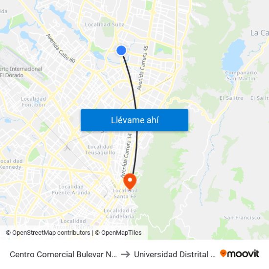 Centro Comercial Bulevar Niza (Ac 127 - Av. Suba) to Universidad Distrital Sede Macarena B map