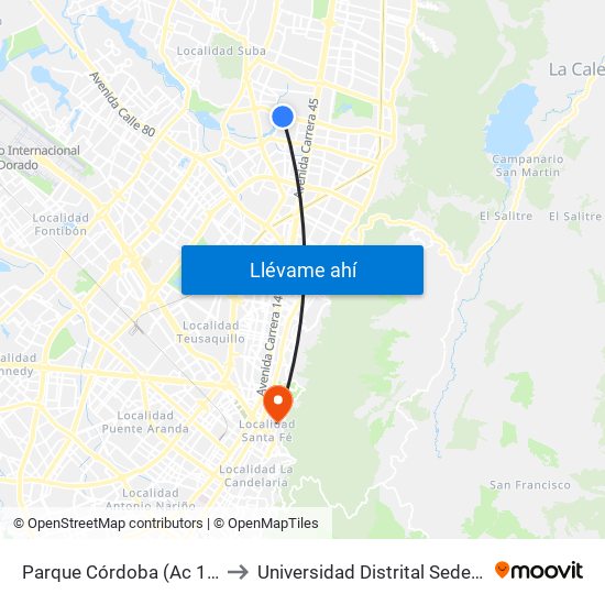 Parque Córdoba (Ac 127 - Kr 54) to Universidad Distrital Sede Macarena B map