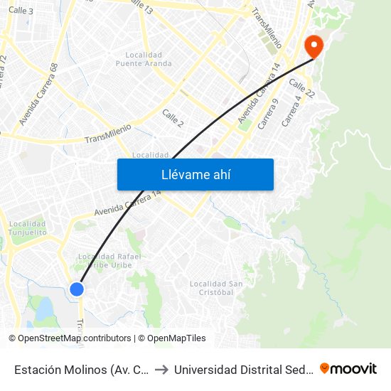 Estación Molinos (Av. Caracas - Kr 7) to Universidad Distrital Sede Macarena B map