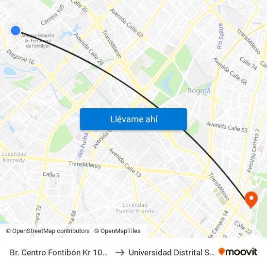 Br. Centro Fontibón Kr 104b (Cl 17 - Kr 104b) to Universidad Distrital Sede Macarena B map