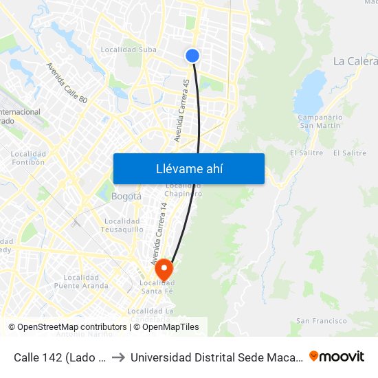 Calle 142 (Lado Sur) to Universidad Distrital Sede Macarena B map