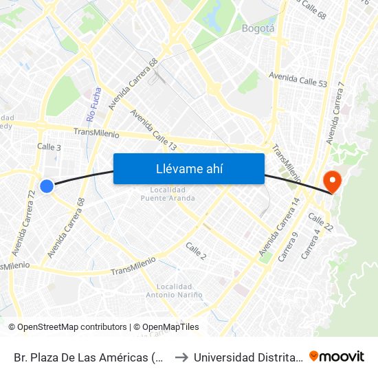 Br. Plaza De Las Américas (Av. 1 De Mayo - Kr 69c) (D) to Universidad Distrital Sede Macarena B map