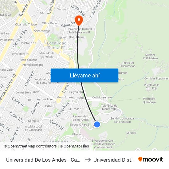 Universidad De Los Andes - Campo Deportivo (Av. Circunvalar - Cl 18) to Universidad Distrital Sede Macarena B map