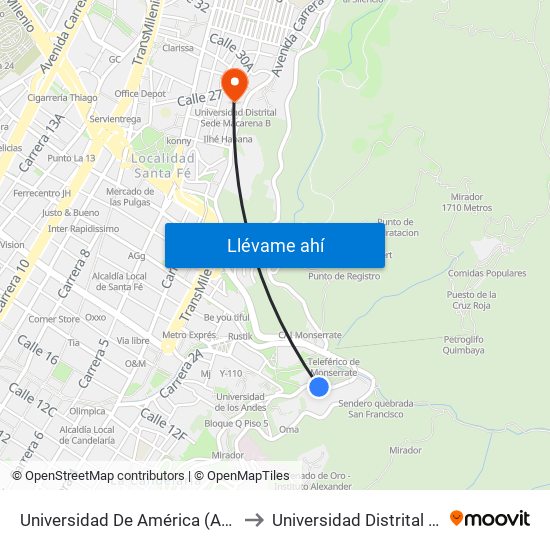 Universidad De América (Av. Circunvalar - Cl 19a) to Universidad Distrital Sede Macarena B map