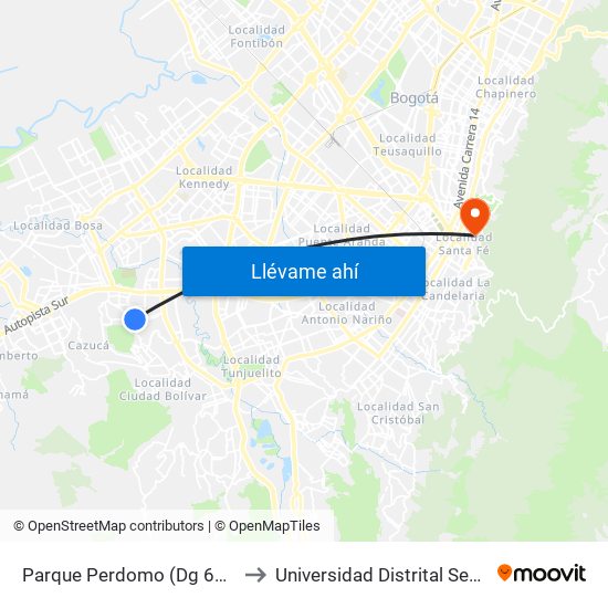 Parque Perdomo (Dg 62g Sur - Kr 73f) to Universidad Distrital Sede Macarena B map