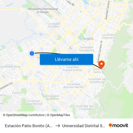 Estación Patio Bonito (Ac 38 Sur - Kr 86a) to Universidad Distrital Sede Macarena B map