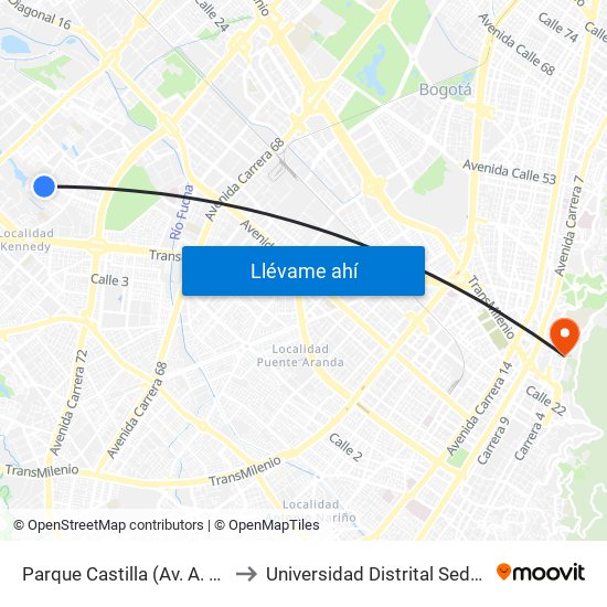 Parque Castilla (Av. A. Mejía - Cl 7c) to Universidad Distrital Sede Macarena B map