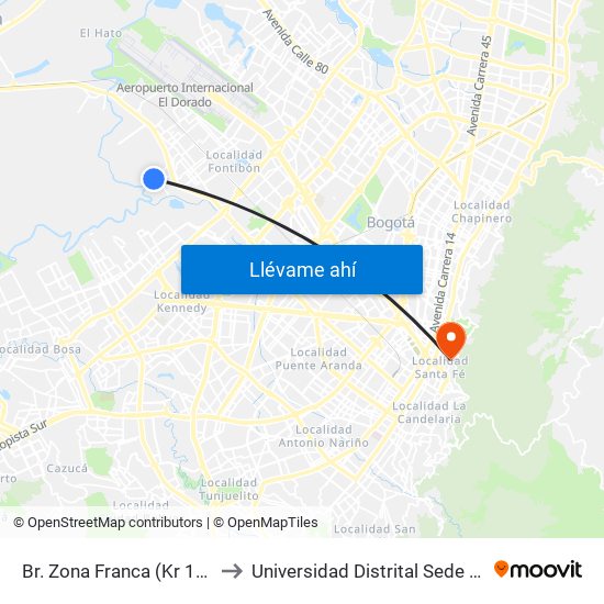 Br. Zona Franca (Kr 106 - Cl 14) to Universidad Distrital Sede Macarena B map