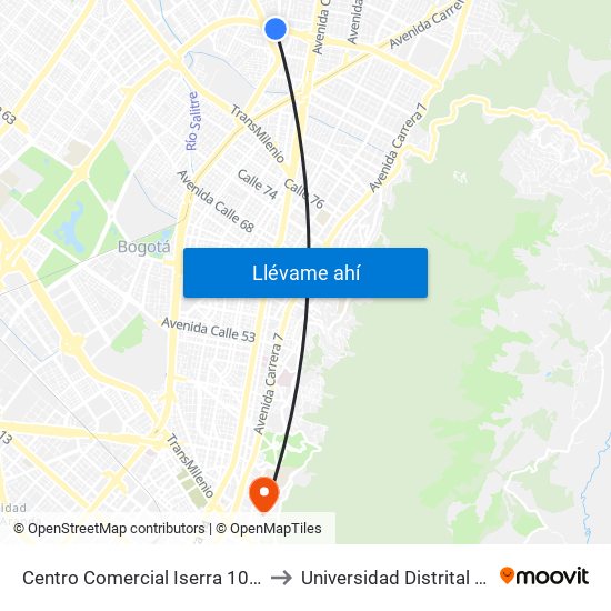 Centro Comercial Iserra 100 (Ac 100 - Kr 54) (B) to Universidad Distrital Sede Macarena B map