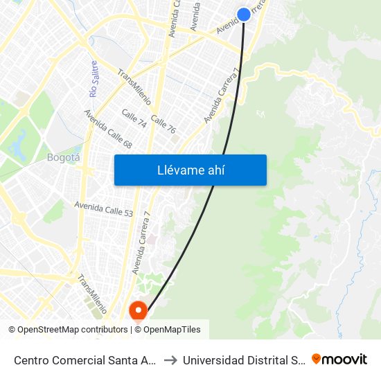 Centro Comercial Santa Ana (Ak 9 - Dg 108a) to Universidad Distrital Sede Macarena B map