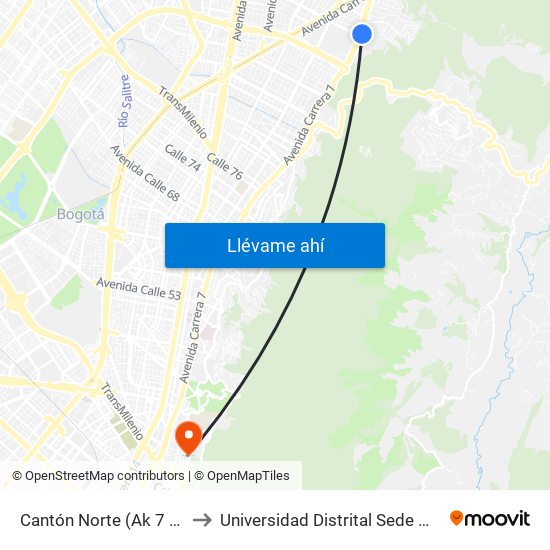 Cantón Norte (Ak 7 - Cl 106) to Universidad Distrital Sede Macarena B map