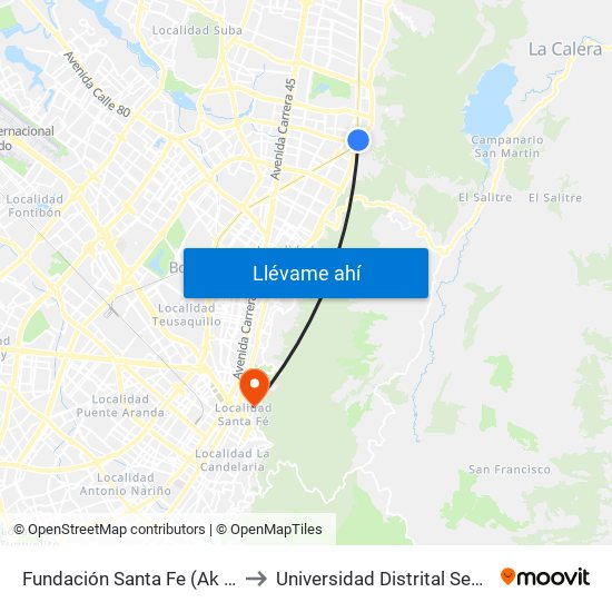 Fundación Santa Fe (Ak 7 - Cl 118) (A) to Universidad Distrital Sede Macarena B map