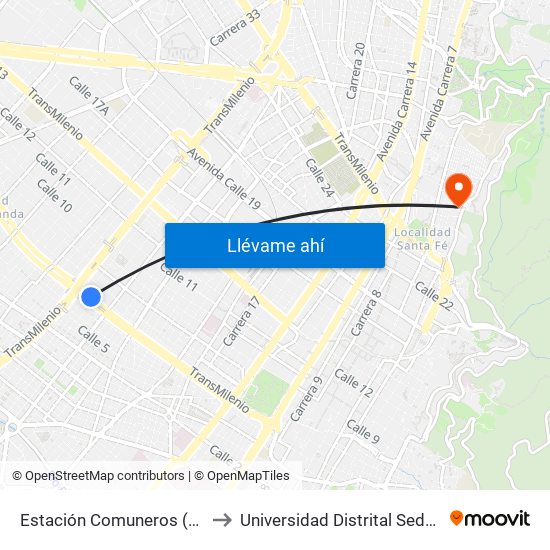 Estación Comuneros (Ac 6 - Ak 30) to Universidad Distrital Sede Macarena B map