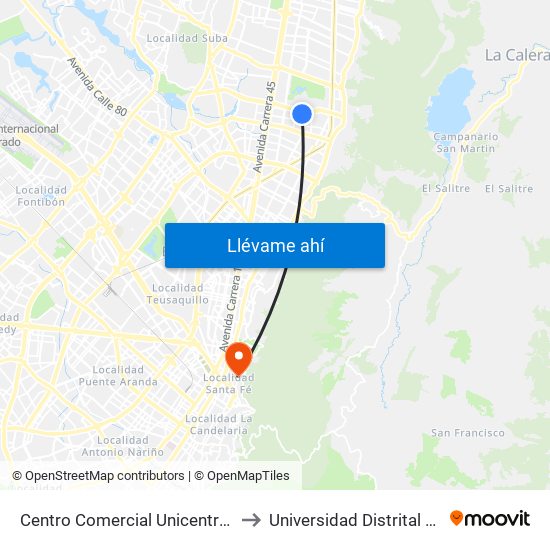 Centro Comercial Unicentro (Ak 15 - Cl 124) (B) to Universidad Distrital Sede Macarena B map