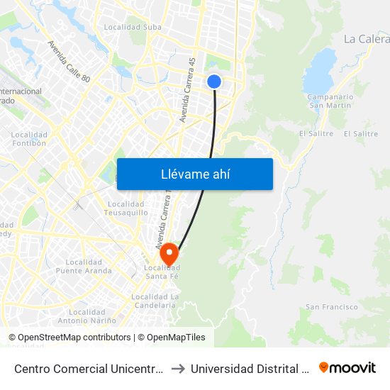 Centro Comercial Unicentro (Ak 15 - Cl 124) (A) to Universidad Distrital Sede Macarena B map