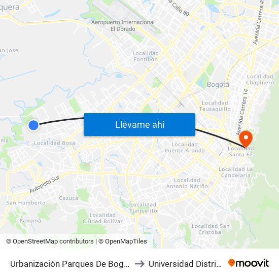 Urbanización Parques De Bogotá - Caoba (Kr 95a - Cl 76 Sur) to Universidad Distrital Sede Macarena B map
