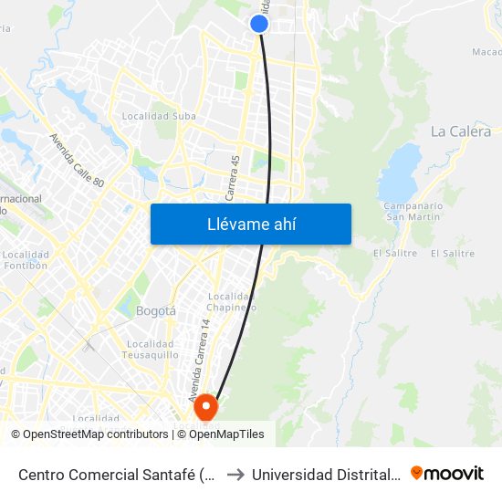 Centro Comercial Santafé (Auto Norte - Cl 187) (B) to Universidad Distrital Sede Macarena B map