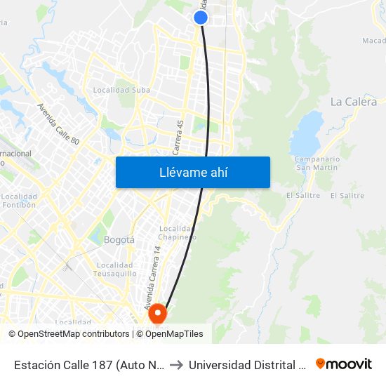 Estación Calle 187 (Auto Norte - Cl 187 Bis) (A) to Universidad Distrital Sede Macarena B map