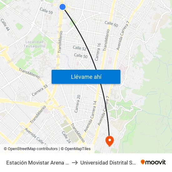 Estación Movistar Arena (Av. NQS - Cl 62) to Universidad Distrital Sede Macarena B map