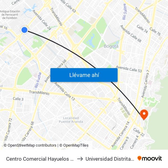 Centro Comercial Hayuelos (Av. C. De Cali - Cl 20) (A) to Universidad Distrital Sede Macarena B map