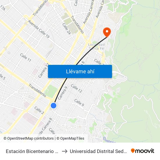 Estación Bicentenario (Kr 9 - Cl 6a) to Universidad Distrital Sede Macarena B map