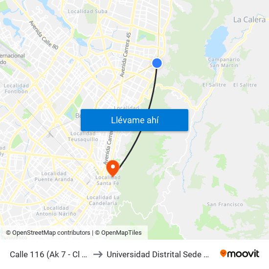 Calle 116 (Ak 7 - Cl 116) (A) to Universidad Distrital Sede Macarena B map