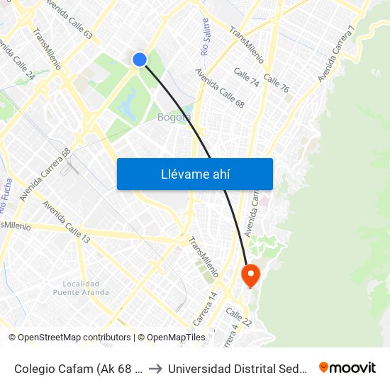 Colegio Cafam (Ak 68 - Ac 63) (A) to Universidad Distrital Sede Macarena B map