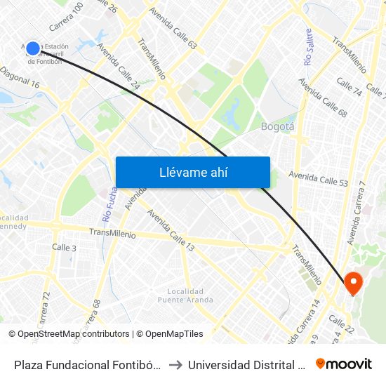 Plaza Fundacional Fontibón (Kr 99 - Cl 18a) (A) to Universidad Distrital Sede Macarena B map