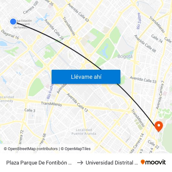 Plaza Parque De Fontibón Kr 100 (Kr 100 - Cl 17a) to Universidad Distrital Sede Macarena B map