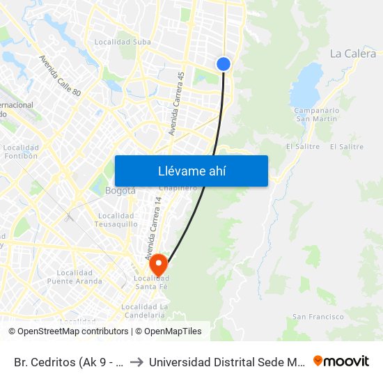 Br. Cedritos (Ak 9 - Cl 140) to Universidad Distrital Sede Macarena B map