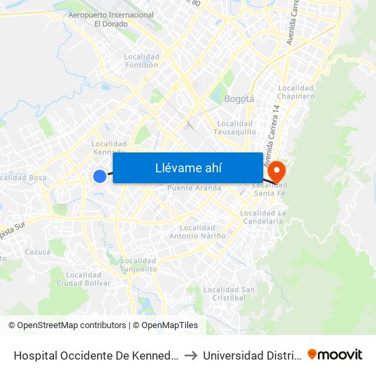 Hospital Occidente De Kennedy (Av. 1 De Mayo - Cl 40b Sur) (B) to Universidad Distrital Sede Macarena B map