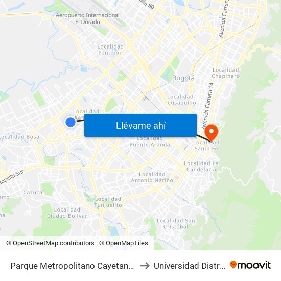 Parque Metropolitano Cayetano Cañizares (Av. A. Mejía - Cl 38 Sur) to Universidad Distrital Sede Macarena B map