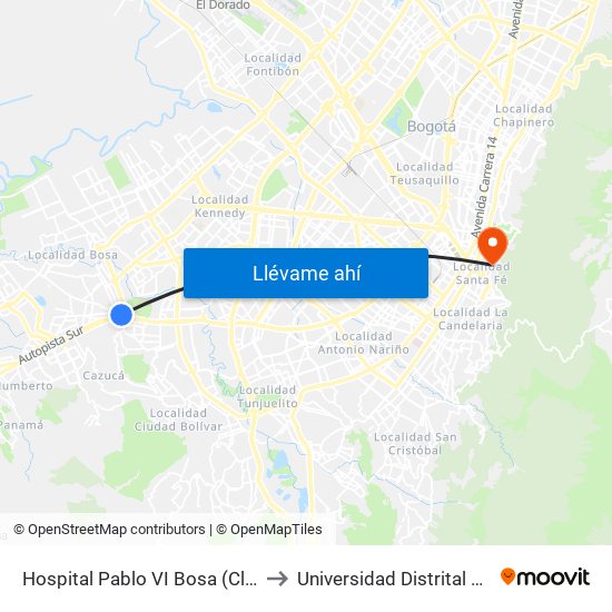 Hospital Pablo VI Bosa (Cl 63 Sur - Kr 77g) (A) to Universidad Distrital Sede Macarena B map