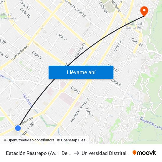 Estación Restrepo (Av. 1 De Mayo - Av. Caracas) (A) to Universidad Distrital Sede Macarena B map