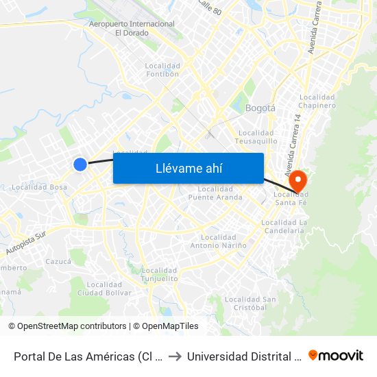 Portal De Las Américas (Cl 46 Sur - Av. C. De Cali) to Universidad Distrital Sede Macarena B map