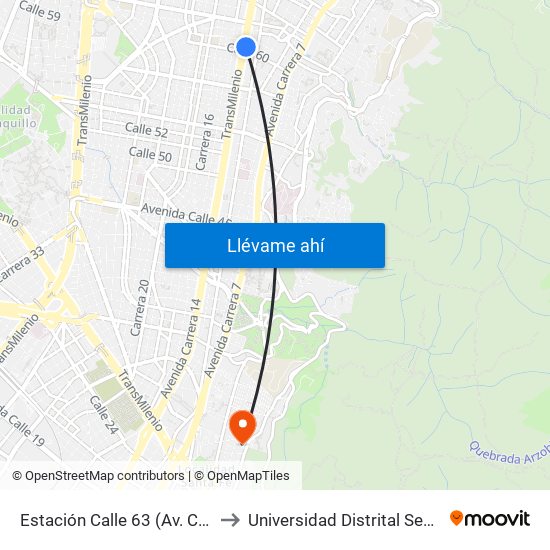 Estación Calle 63 (Av. Caracas - Cl 60) to Universidad Distrital Sede Macarena B map