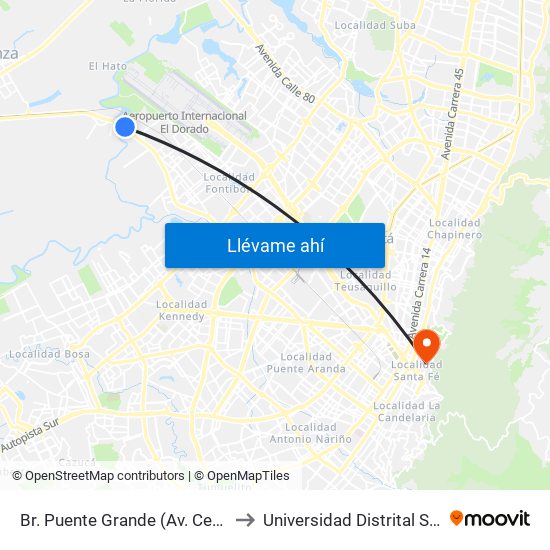 Br. Puente Grande (Av. Centenario - Kr 134a) to Universidad Distrital Sede Macarena B map