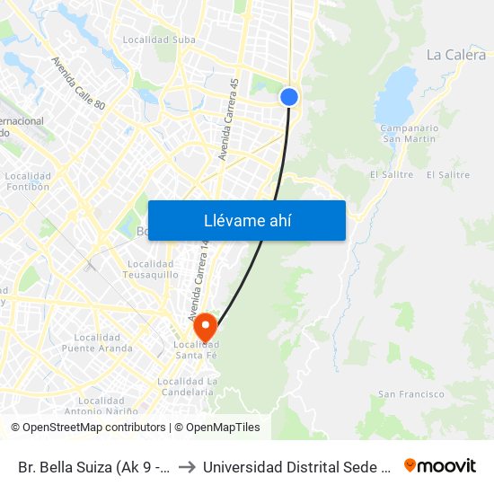 Br. Bella Suiza (Ak 9 - Cl 127b) to Universidad Distrital Sede Macarena B map